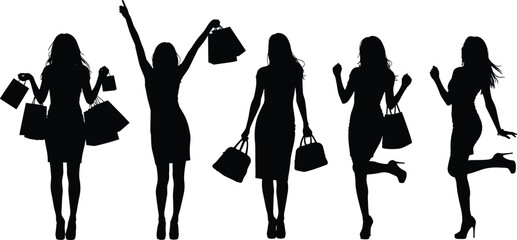 Obraz premium Silhouettes of fashionable women shopping, celebrating with bags, expressing joy, stylish poses, retail therapy, isolated on white background