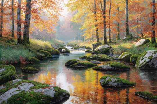 Sunlit stream surrounded by colorful autumn forest with mossy rocks