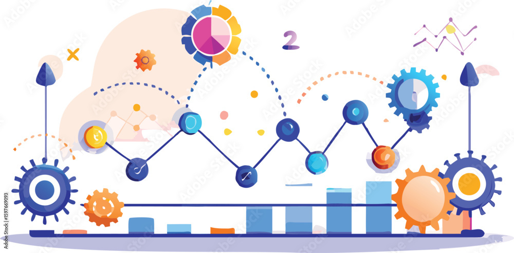 Poster illustration of data analysis with line graph, bar chart, and gears for business applications use