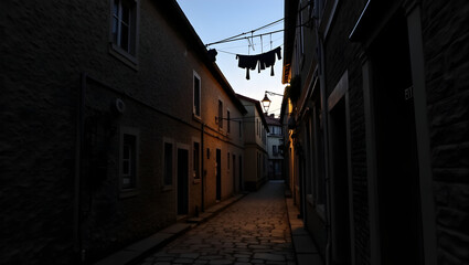 Obraz premium University Building Narrow stone pathway between two vintage dormitories, clothesline strung above and lamps glowing at dusk. (3).jpg