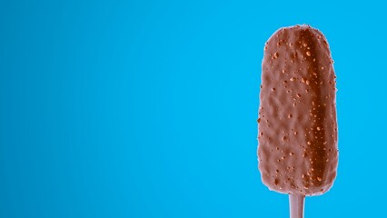 Ice cream bar rendered in 3D with complete chocolate and nut coating, shown against a clean blue backdrop. Texture-rich and evenly lit, this isolated visual is suited for commercial use, packaging