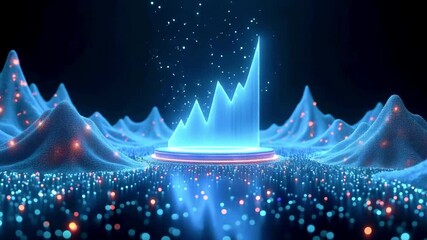 Futuristic data visualization with glowing graph rising amidst abstract mountains and particles - Powered by Adobe