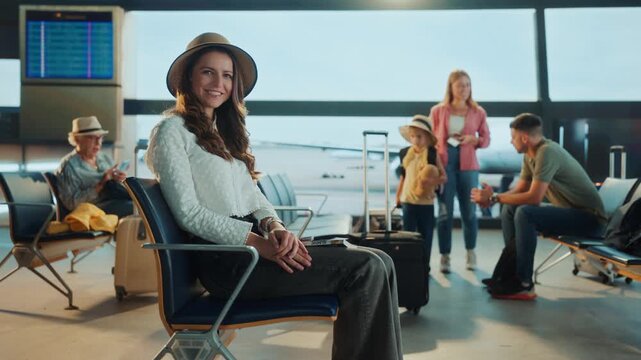 A woman in a hat smiles while waiting at an airport terminal. Others are visible in the background, including a family and elderly person.