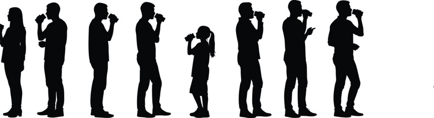 Silhouettes of people drinking beverages, lifestyle hydration concept, adults and kids standing, casual pose, isolated white background, health illustration