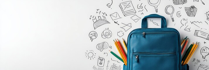 Blue backpack with colored pencils protruding from the side pocket on a white background with hand drawn school themed doodles, symbolizing the return to school and the excitement of learning