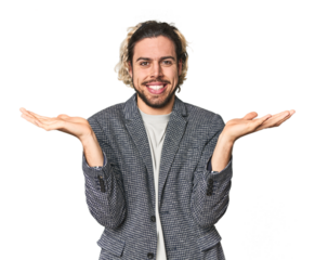 Young businessman in casual blazer makes scale with arms, feels happy and confident.
