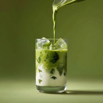 A glass of milk with ice cubes and matcha being poured beverage drink refreshment.