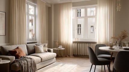 Cozy living room with sunlight streaming through windows