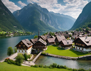 Fototapeta premium small village on the lake, Hallstatt village in Austria. Beautiful village in the mountain valley near the lake. Mountains, landscape, and old town. Travel