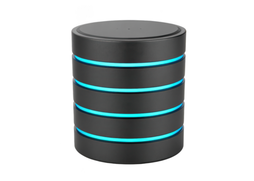 Modern cylindrical smart speaker with glowing blue light accents isolated on transparent background