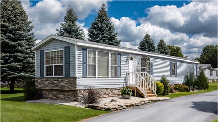 A lovely sky serves as the backdrop for a grey trailer home that features a stone foundation or skirting, as well as shutters in the front. .