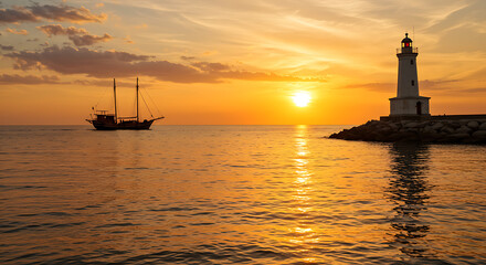 Fototapeta premium A peaceful seaside sunset with warm golden-orange tones. A traditional wooden boat sails slowly near the horizon. Nearby, stands a classic lighthouse overlooking the ocean