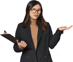 Chinese businesswoman holding inventory list showing a copy space on a palm and holding another hand on waist.