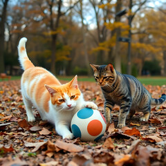 Playful Cats in Autumn Leaves, Celebrating Feline Companionship on International Cat Day (August 8), cat in the park