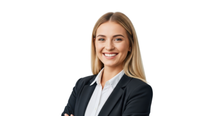 Smiling businesswoman with long blonde hair wearing a suit isolated PNG with Transparent Background