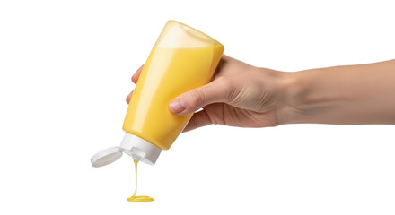 Woman's hand squeezing mustard from bottle isolated PNG with Transparent Background