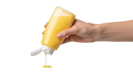 Woman's hand squeezing mustard from bottle isolated PNG with Transparent Background