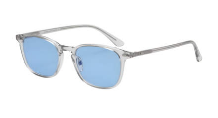 Transparent eyeglasses with light blue lenses.