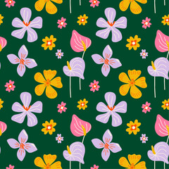 Tropical summer floral plants seamless vector pattern with colorful abstract exotic spring flowers illustration elements in cartoon funky groovy style for wrapping paper, textile, wallpaper, fabric