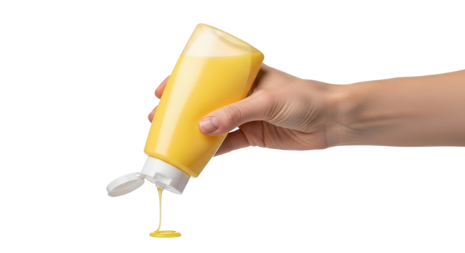 Woman's hand squeezing mustard from bottle isolated PNG with Transparent Background