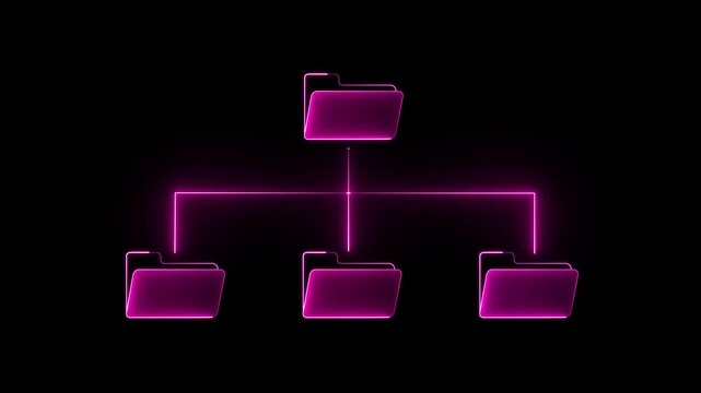 Computer folder icon with colorful files, documents. Business, file management concept. Digital Data and File Management System Visualization with Glowing Folder Icons on a Black Background.