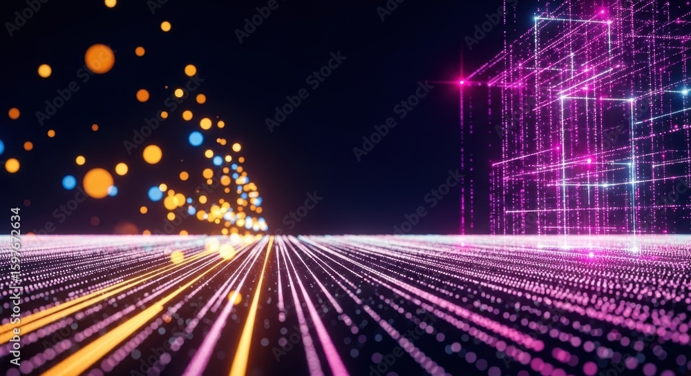 Poster abstract digital network of glowing particles and geometric structures in a futuristic cyberspace.