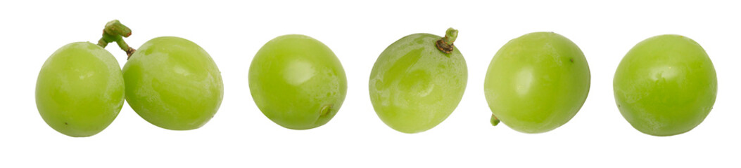Close-up of individual fresh green grapes arranged in a horizontal line on a white background, ideal for healthy food and fruit concepts
