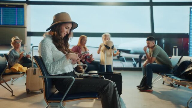 A woman in a hat checks her phone while waiting at an airport terminal. Other people are also waiting.