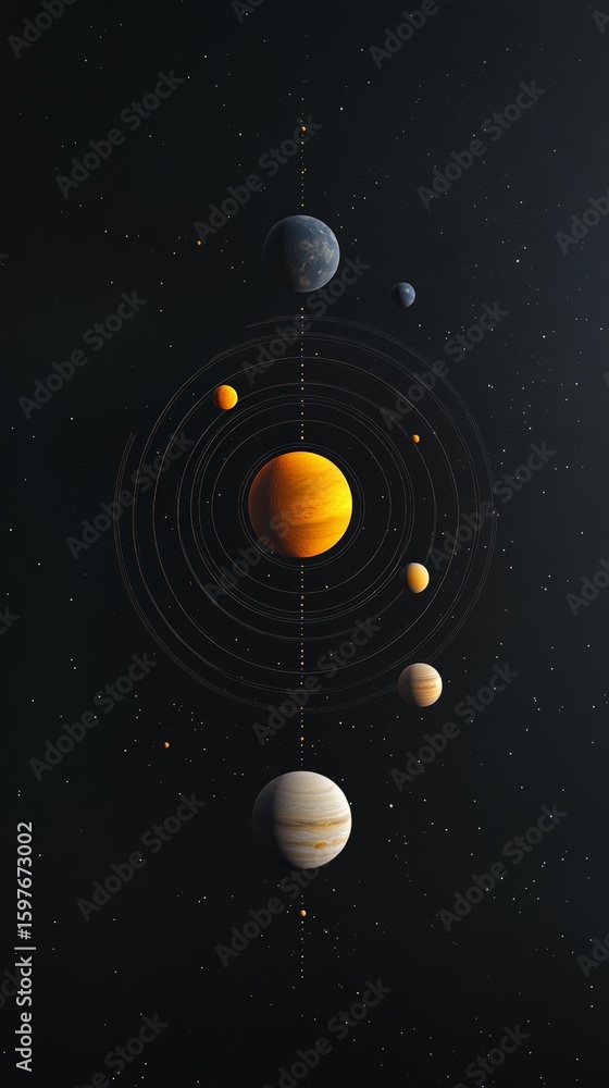 Poster space scene depicting rotating planets, asteroids swirling around distant star in vibrant cosmic env