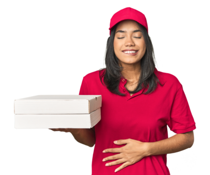 Playful Latina delivering pizzas with a hungry gesture - Powered by Adobe