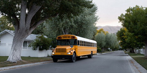 Golden Morning School Bus Suburban Street Scene Early Commute Children's Ride Neighborhood Transport Yellow Vehicle Back To School Americana Community Life
