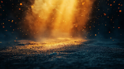Naklejka premium Mysterious golden light beam illuminates a dark textured ground with floating particles