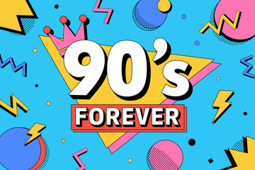 Vibrant 90s Forever Nostalgia Pattern Background with Geometric Shapes and Bold Typography Celebration of Nineties Culture