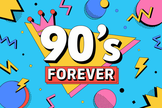 Vibrant 90s Forever Nostalgia Pattern Background with Geometric Shapes and Bold Typography Celebration of Nineties Culture