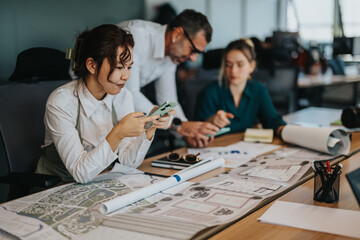 A diverse team of business professionals engages in discussion and brainstorming at a modern...