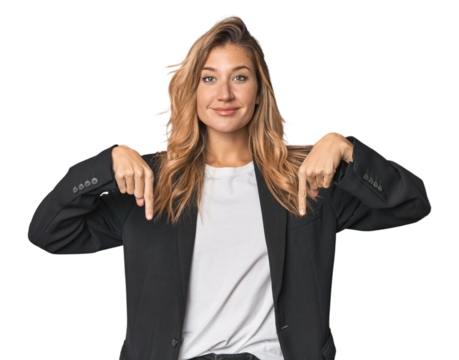 Young businesswoman in a suit points down with fingers, positive feeling. - Powered by Adobe