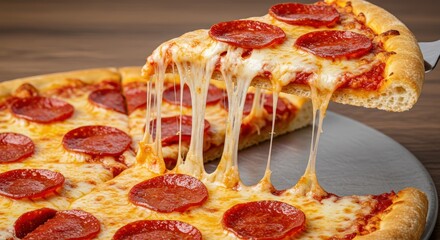  single, perfect slice of pepperoni pizza being lifted from the whole pie. A long, dramatic "cheese pull" connects the slice to the rest of the pizza.