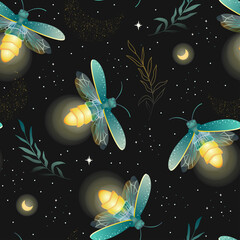 Seamless pattern with glowing firefly. Magical night background with insect and star. Design...