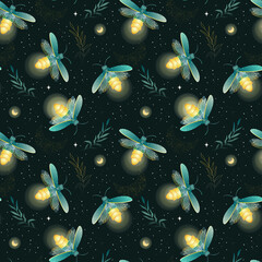 Seamless pattern with glowing firefly. Magical night background with insect and star. Design element for textile, fabric, paper, wallpaper.