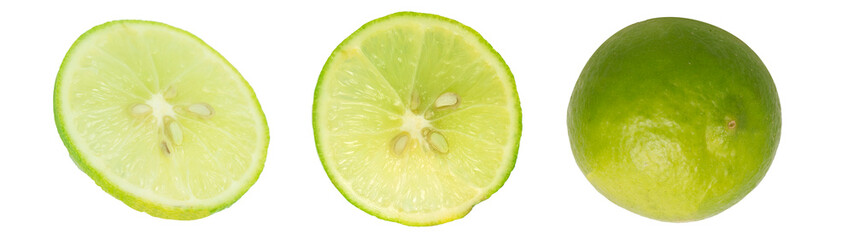Collection of two whole limes and four lime slices arranged in a row on a white background, ideal for food and citrus designs
