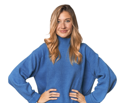 Caucasian blonde woman in studio confident keeping hands on hips. - Powered by Adobe