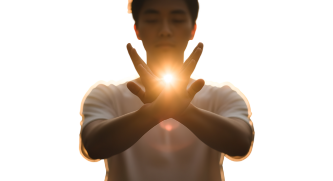 Man with eyes closed, hands forming an 'X' with bright golden light emanating from between palms, symbolizing energy and focus.