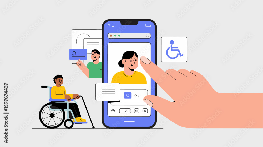 Poster hand interacting with accessible user interface on smartphone vector illustration, digital inclusion