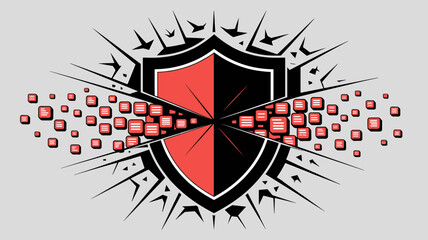 shattered security shield leaking data blocks vector illustration, a security failure, data breach and cybersecurity vulnerability