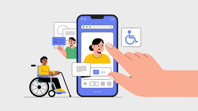hand interacting with accessible user interface on smartphone vector illustration, digital inclusion, accessible design and assistive technology