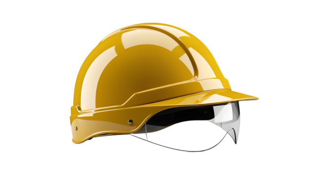 Bright yellow safety helmet with transparent visor, protective headwear for construction and industry, 3D render