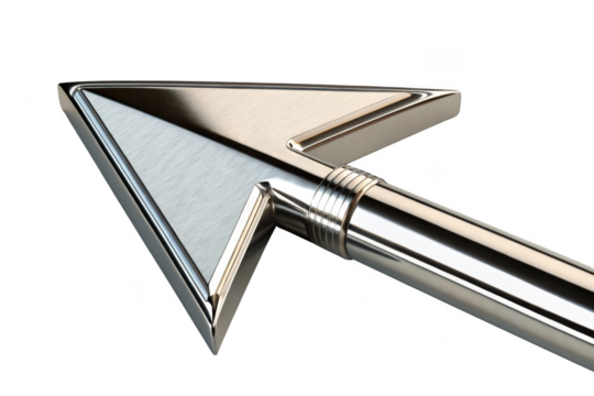 Shiny metal arrow pointing up and right isolated on transparent background