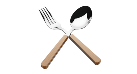 Crossed Silver Fork and Spoon with Wooden Handles on White Background, Dining Utensil Concept