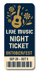 Ticket for an evening of live music at the Oktoberfest festival. Guitar, flowers and notes create a cozy and festive atmosphere. For concerts, music posters and events, fairs, pubs and theme parties
