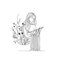 Line art of a woman weaving with plants in the background in black and white minimalist style drawing